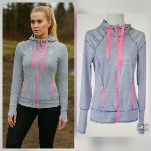 90 Degree by Reflex Striped Hooded Running Track Jacket with Thumbholes NEW